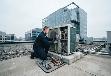 Technician servicing a rooftop condenser unit
