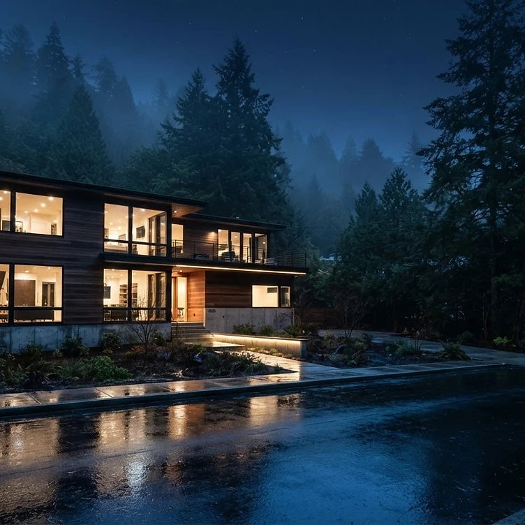 Portland home at night with cool street light
