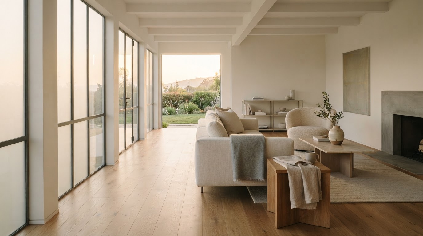 Sunlit minimalist living room with a dust-free hardwood floor