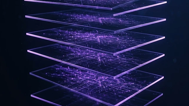 Seven translucent data layers stacked in perspective