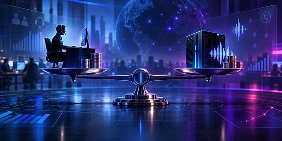 Una balanza de precisión equilibrando un servidor digital y una figura humana sobre planos financieros de contact center