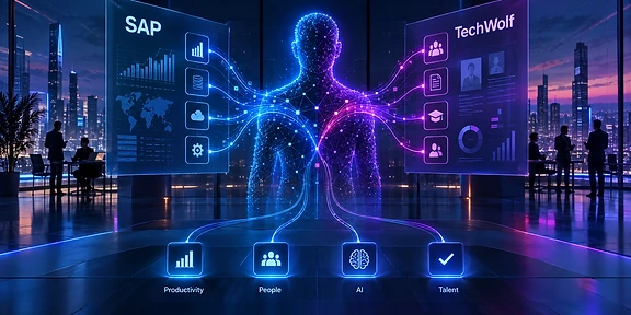 Un gráfico de red conecta puntos de datos sobre una silueta humana digital en un entorno corporativo moderno