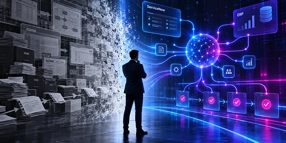 Un ejecutivo observa una red de nodos digitales conectados sobre esquemas de procesos empresariales antiguos que se desvanecen