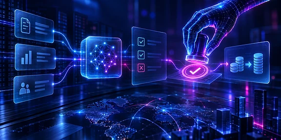 Una mano digital autorizando una transacción financiera mediante un sello criptográfico sobre una interfaz de flujo contable.