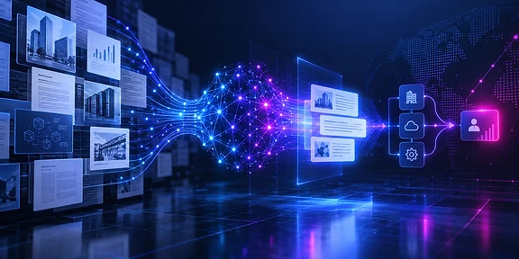 Un gráfico digital donde nodos neuronales seleccionan fragmentos de contenido técnico corporativo para construir una respuesta automatizada de compra.