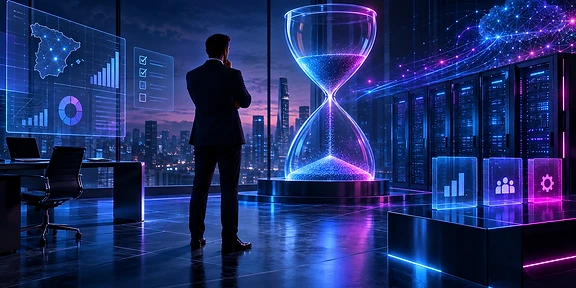 Un directivo observa un reloj de arena junto a servidores digitales, representando la espera estratégica ante las futuras subvenciones estatales.