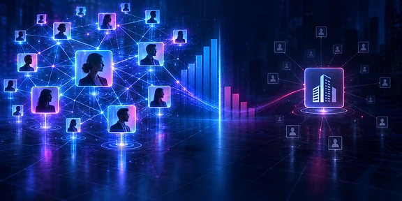 Un gráfico de red profesional donde perfiles humanos individuales superan en conexiones y autoridad a una página corporativa centralizada