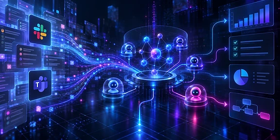 Un entramado de conexiones digitales converge en un centro de mando supervisado para organizar múltiples agentes autónomos