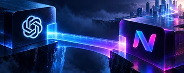 Cabecera abstracta NextAI: una pieza de engranaje encajando en un sistema mayor, paleta azul medianoche con destellos eléctricos y violetas.