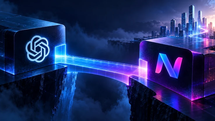 Cabecera abstracta NextAI: una pieza de engranaje encajando en un sistema mayor, paleta azul medianoche con destellos eléctricos y violetas.