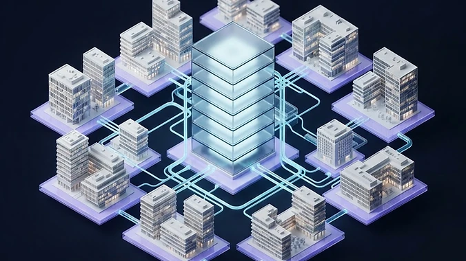 A distributed property network connected to a shared archive.