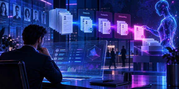 Un consultor de recursos humanos analiza datos en una interfaz digital mientras una inteligencia artificial clasifica expedientes documentales