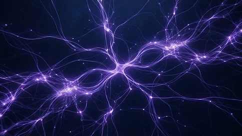 Cerebro empresarial de Percent: red neuronal de luz violeta sobre azul noche