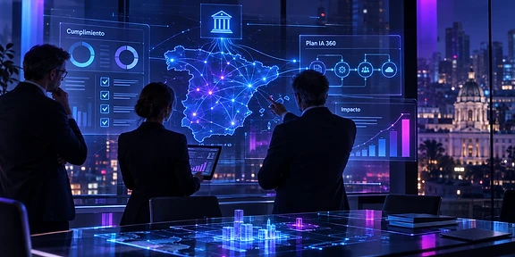 Ejecutivos revisando gráficos de cumplimiento normativo frente a una pantalla con flujos de datos interconectados en una oficina.