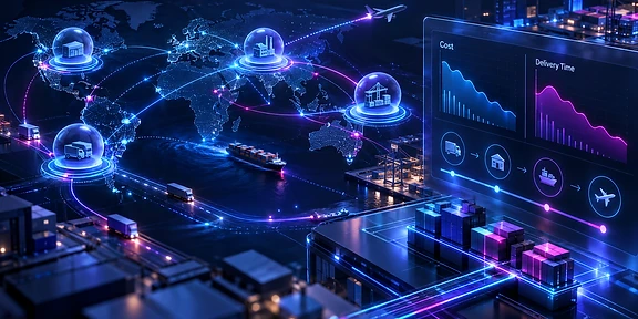 Diagrama técnico que muestra agentes autónomos conectando nodos logísticos mediante flujos de datos automatizados en tiempo real.