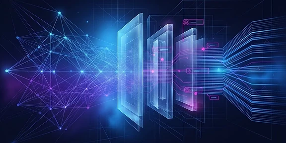 Un arquitecto de sistemas analizando diagramas de flujo de datos y etiquetas de transparencia integradas en una interfaz de inteligencia artificial.