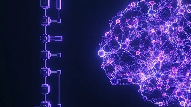 A visual contrast between a linear automation chain and a dense neural network