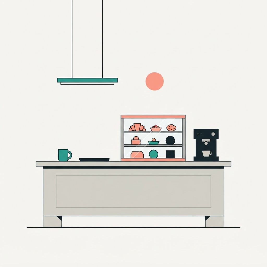 Minimalist illustration of a café pastry counter in coral and teal tones.