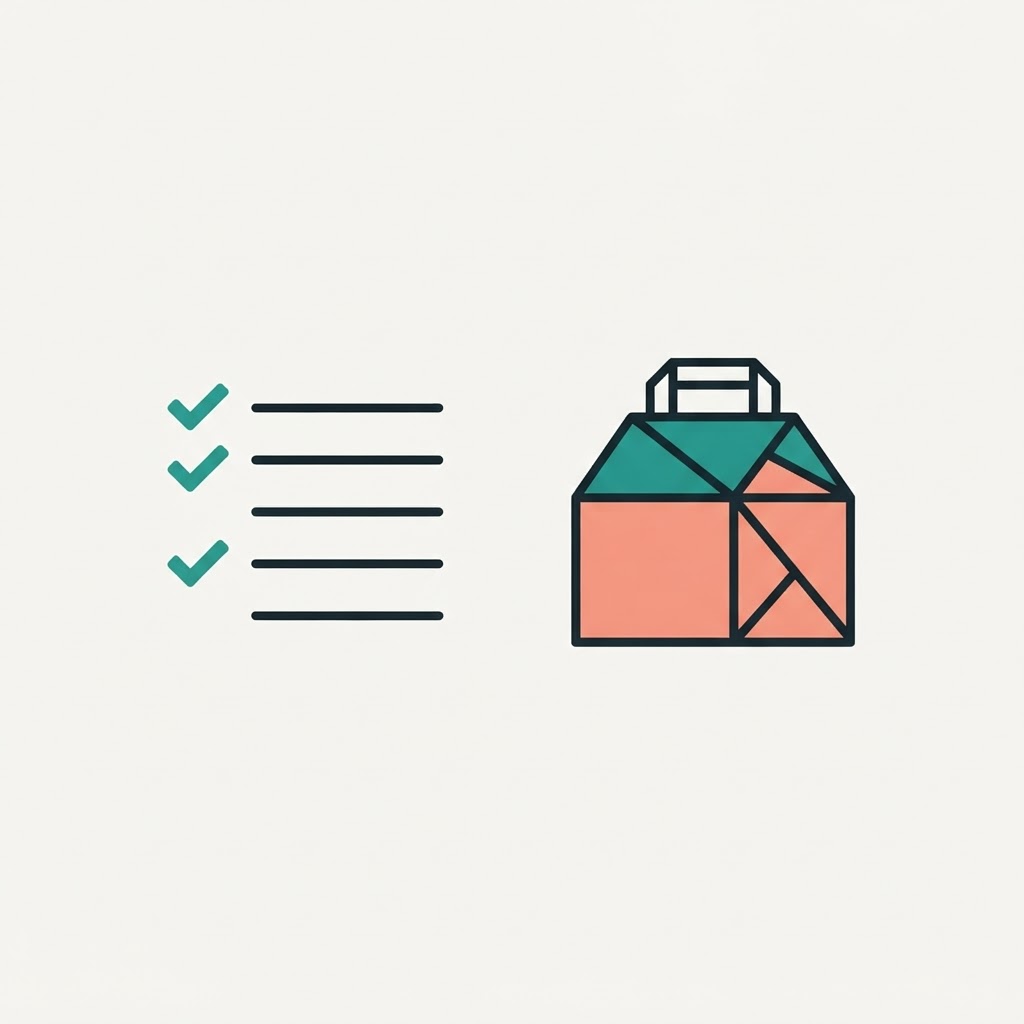 Minimalist checklist illustration with teal checkmarks and a pastry box icon.