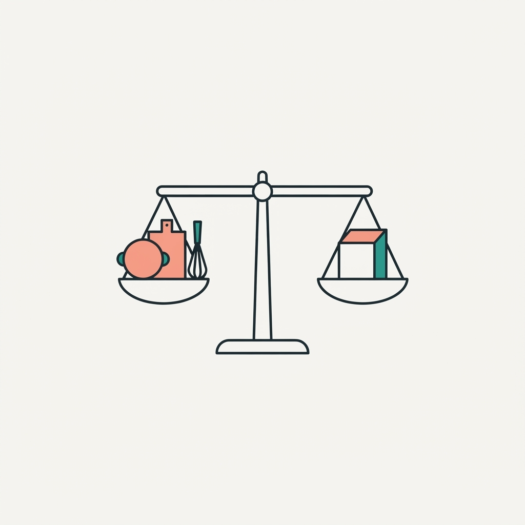 Minimalist balance-scale illustration comparing in-house baking equipment to a single supplied box, in coral and teal.