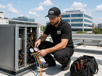 Steele Mechanical technician performing preventive maintenance on a commercial rooftop HVAC unit with a manifold gauge set