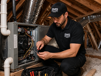 Steele Mechanical technician servicing an HVAC unit in a residential attic