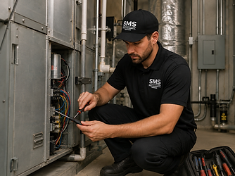 Steele Mechanical technician servicing an indoor commercial furnace and air handler