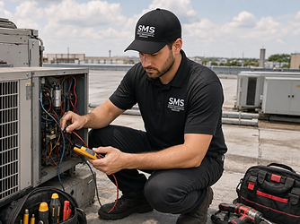 Steele Mechanical technician servicing a commercial rooftop HVAC unit