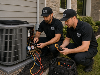 Two Steele Mechanical technicians servicing a residential outdoor air conditioning condenser