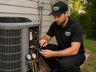 Steele Mechanical technician repairing a residential outdoor air conditioning condenser