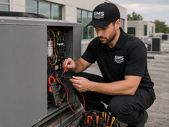 Steele Mechanical technician diagnosing a commercial rooftop HVAC unit with a multimeter
