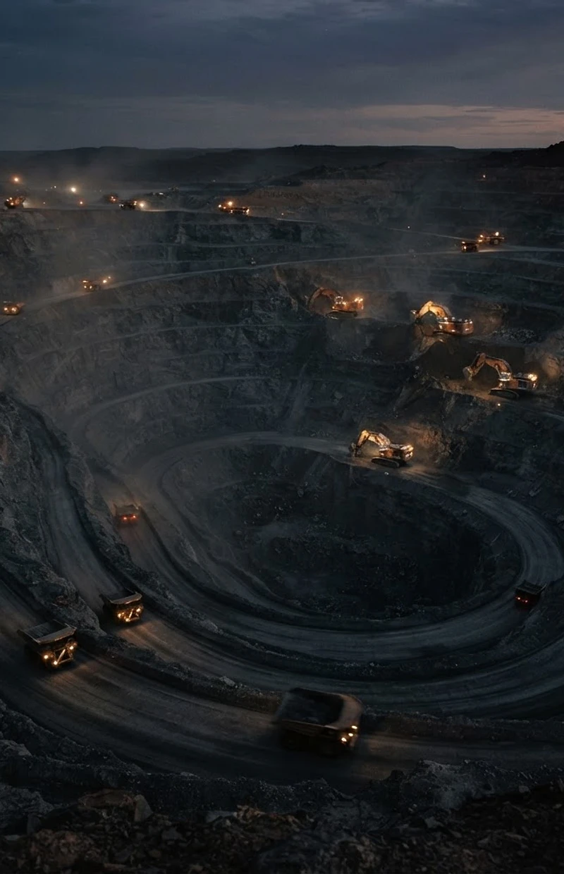 Open-pit mine at dusk with haul trucks and excavators working the terraces