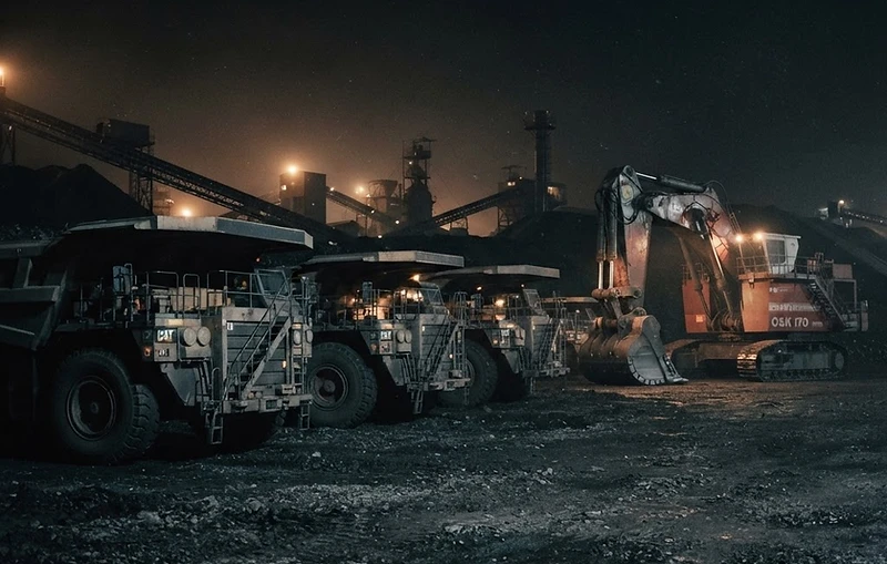 Haul trucks and excavator at an industrial site at night