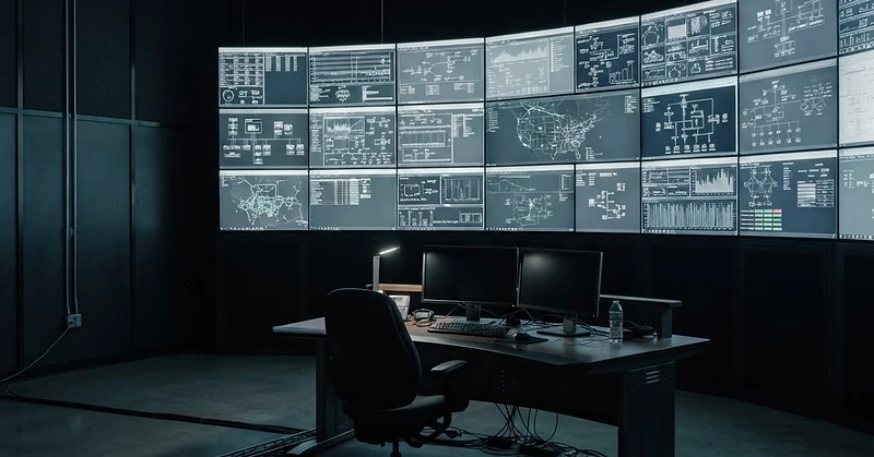Dark industrial control room with a wall of operational monitors