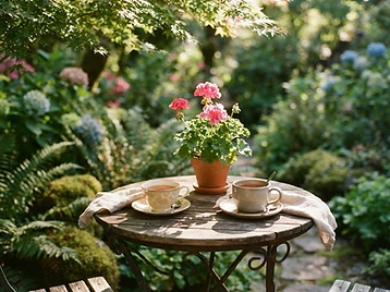 Two teacups on a small garden table with a potted geranium in dappled light