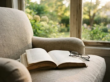 An open book resting on a linen armchair beside a sunlit window