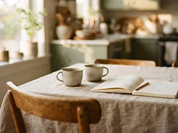 Two cups of tea beside an open notebook and pencil on a sunlit linen tablecloth