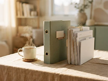 A neatly labeled binder and filed documents beside a steaming cup of tea