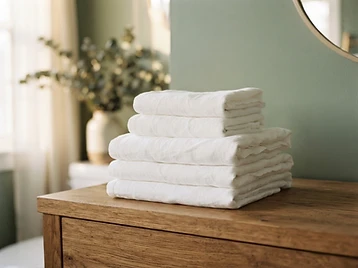 Freshly folded linen towels on a warm wood counter in soft morning light