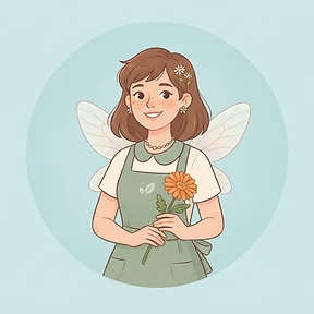 Illustration of the STR Care fairy, a friendly winged woman with crooked bangs in a smart apron uniform holding a gerber daisy