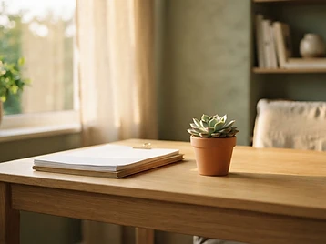 Sunlit home office desk with a single organized stack of papers and a small succulent