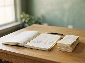 A tidy ledger notebook and neatly sorted paper slips on a warm wood table