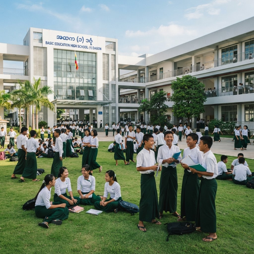 Students in uniform on the school lawn
