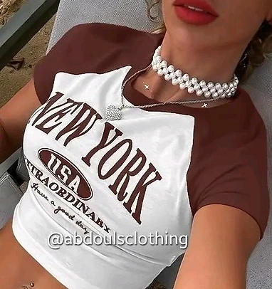 New York USA Crop Top - White with Brown Trim