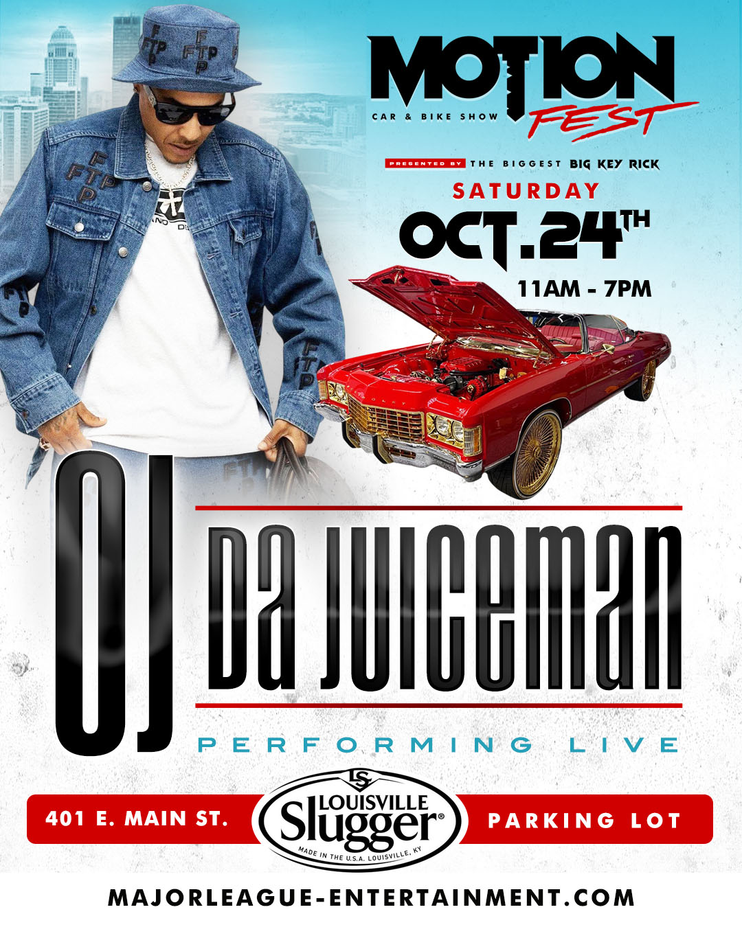 Motion Fest Car & Bike Show flyer — Featuring OJ Da Juiceman performing live, Saturday Oct. 24th, 11AM-7PM, 401 E. Main St. Louisville Slugger Field parking lot.