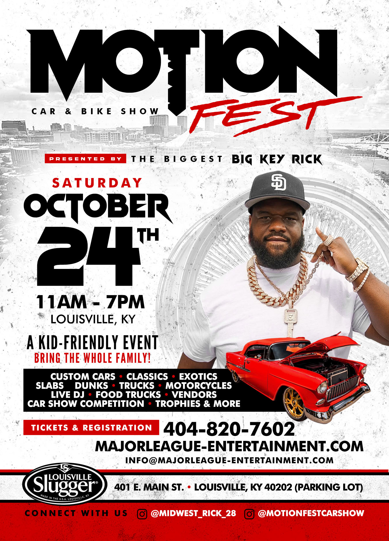 Motion Fest Car & Bike Show official flyer — Saturday October 24, 2026, 11AM-7PM, Louisville Slugger Field, 401 E. Main St, Louisville KY. Tickets & registration 404-820-7602. Presented by The Biggest Big Key Rick.