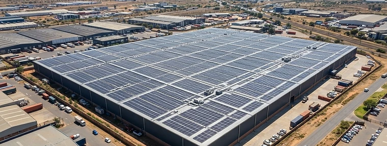Commercial warehouse rooftop covered in solar panel arrays in Gauteng