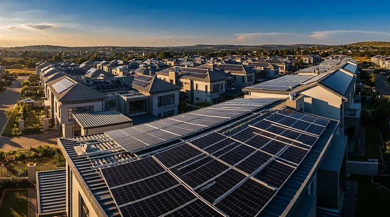 Solar array on a Pretoria rooftop at golden hour