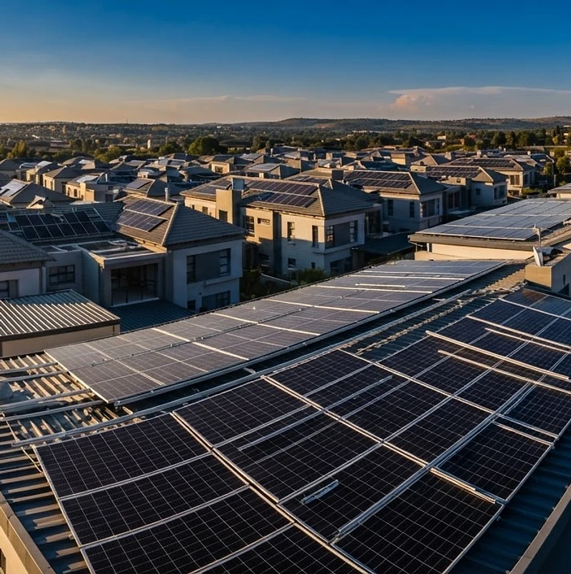 Aerial view of solar panels installed across estate rooftops in Pretoria at golden hour
