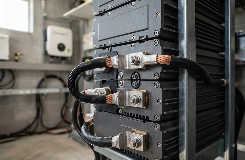 Stacked lithium solar battery modules with copper cabling